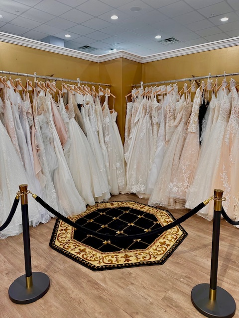 Display of wedding dresses on racks in a store, with a decorative rug and barrier ropes in the foreground.