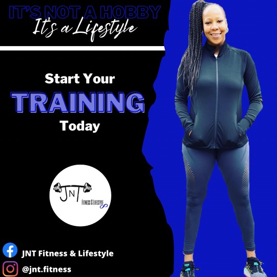 Woman in athletic wear smiling, promoting fitness training with text and social media icons, blue background, and logo. Alt text word count: 20, confidence: 0.9