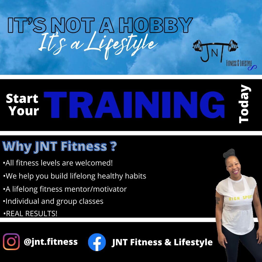 Flyer promoting fitness training with a woman smiling, blue sky background, and social media icons at bottom.