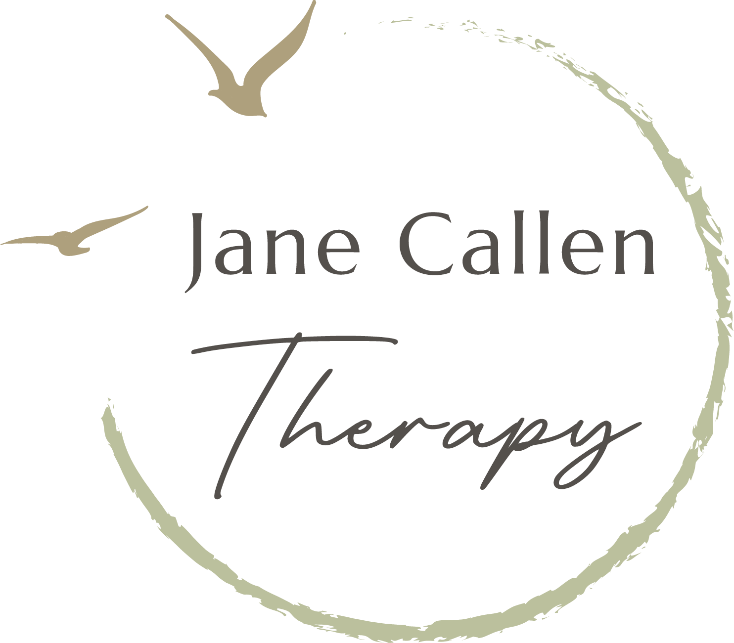 Logo with two birds flying above a circular brushstroke, text reads 'Jane Callen Therapy'.