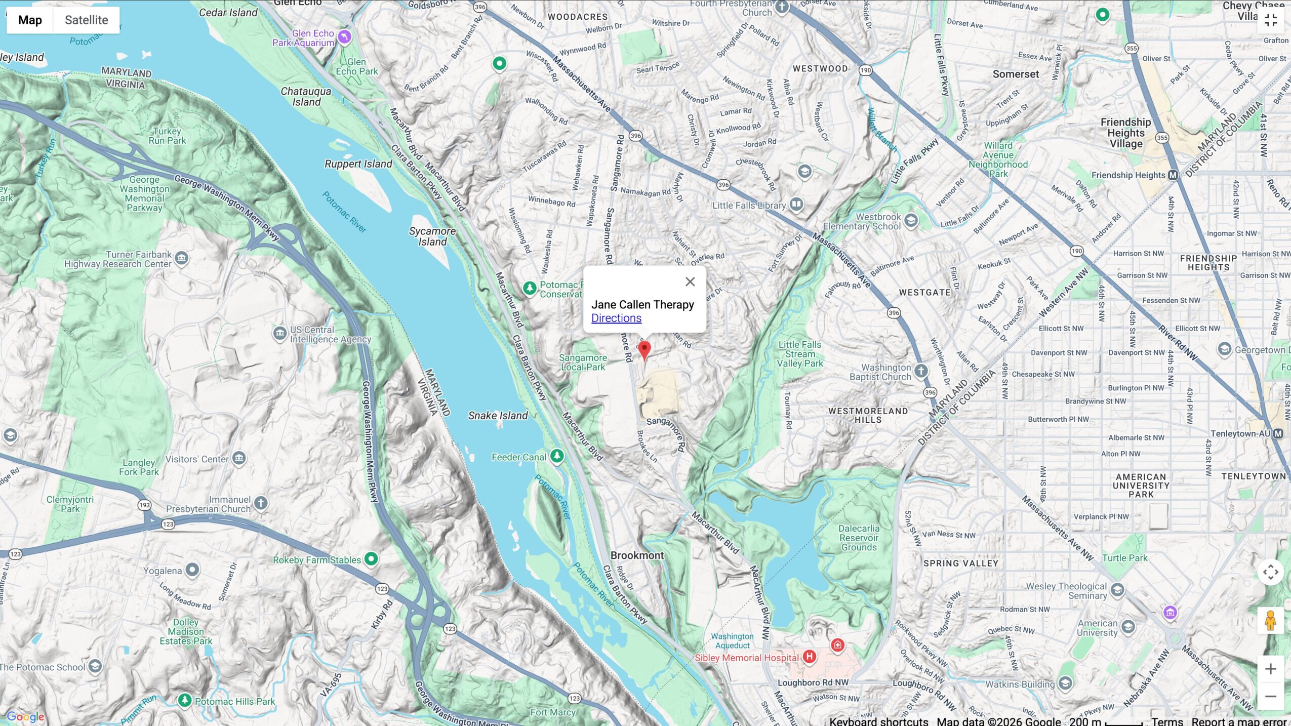 Map showing a river, roads, and green areas with a label 'Jane Callen Thorne' in the center.