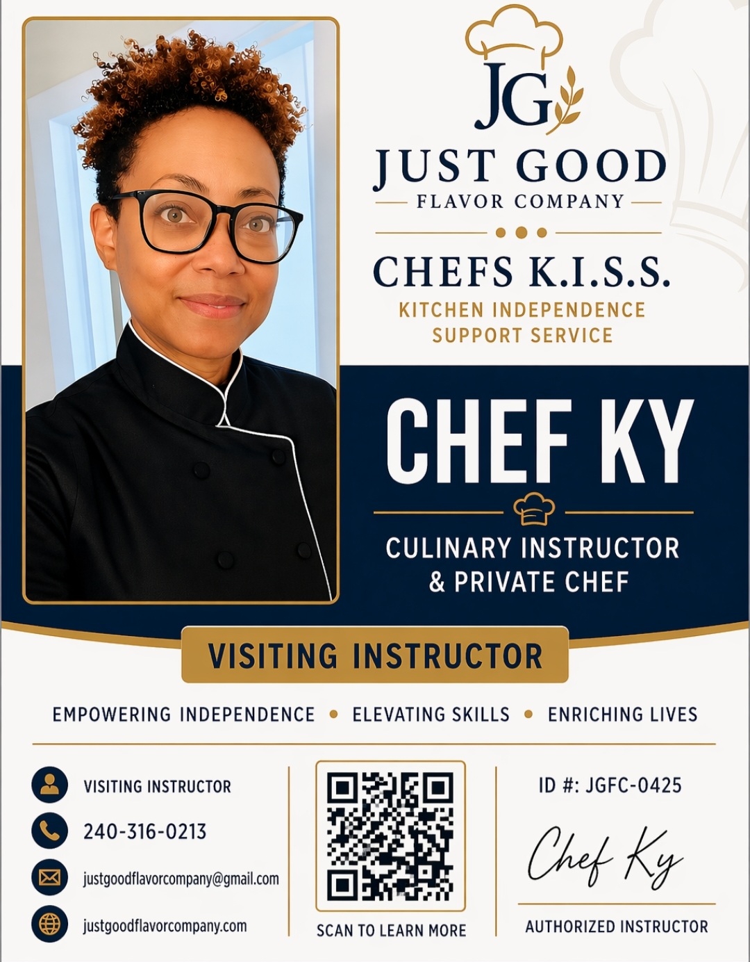 Portrait of a woman with short curly hair and glasses, wearing a black chef's coat, smiling. Text includes her name, title, and contact info.