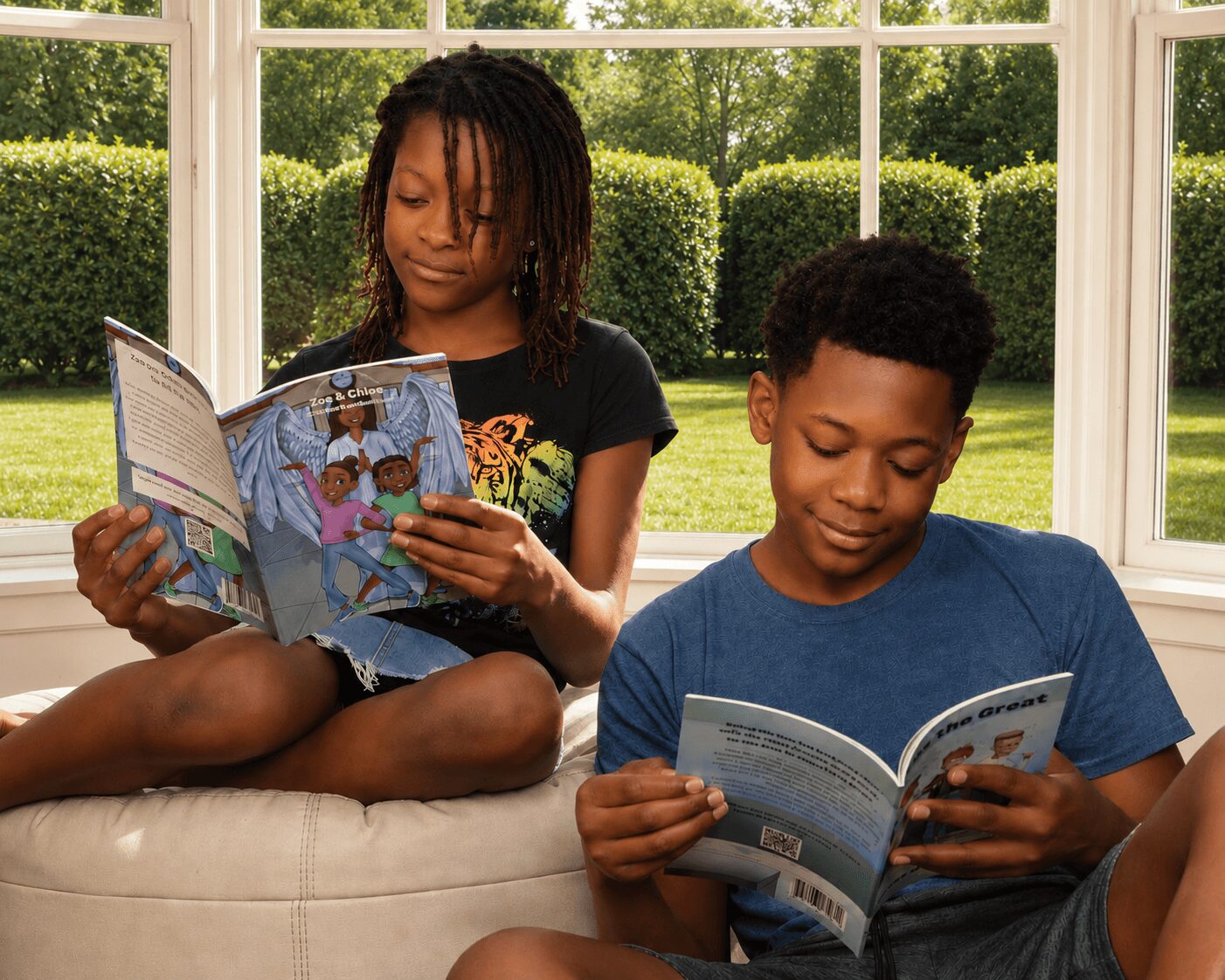 Two children sitting on a window seat reading books, with a garden view outside.