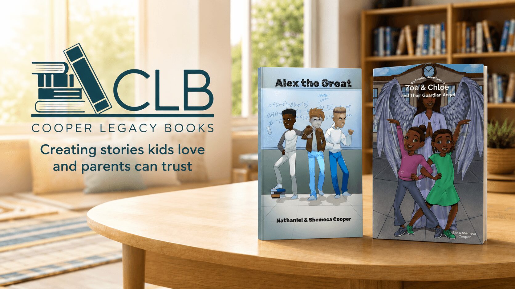 Two children's books on a table with a bookshelf and window in the background, featuring diverse characters. Text reads 'Creating stories kids love and parents can trust.'