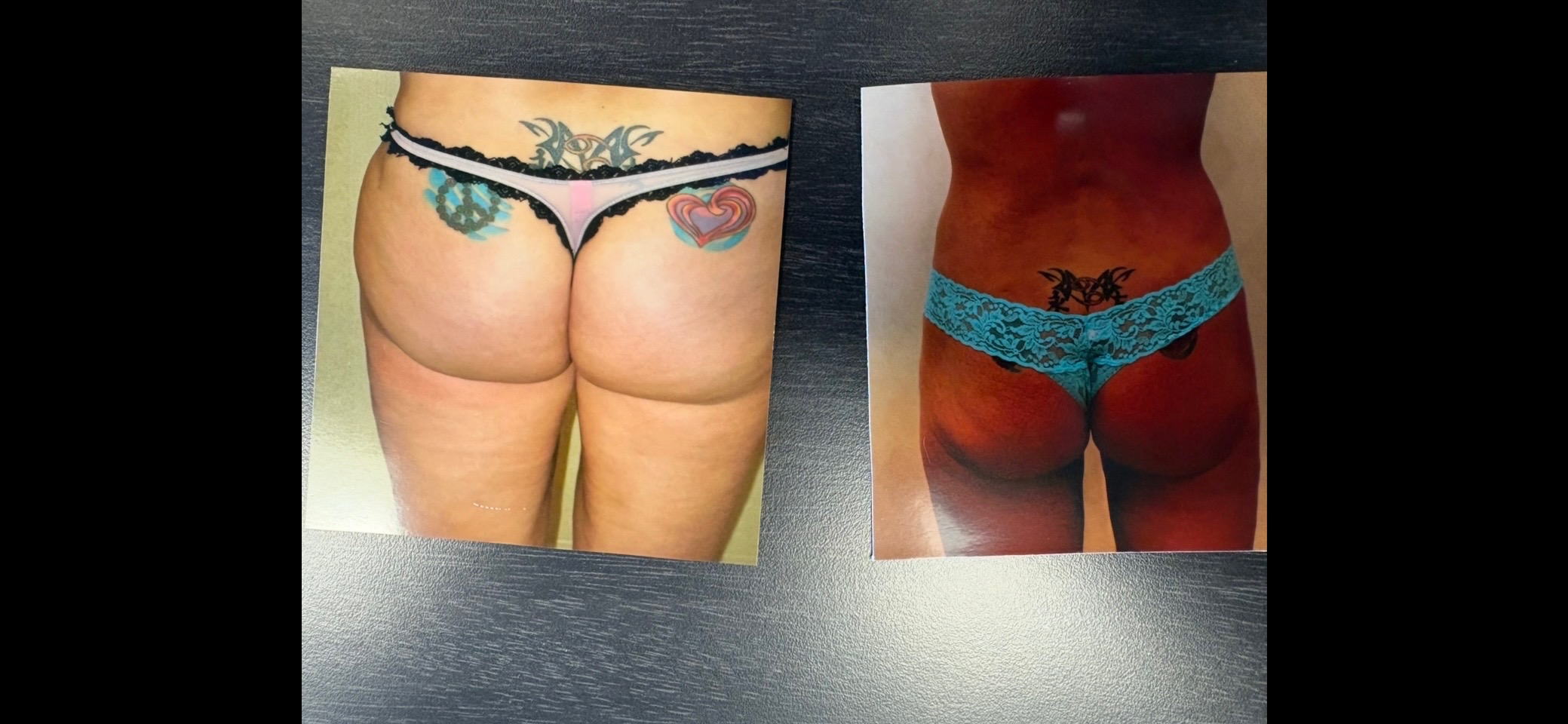 Two images of a person's lower back and buttocks, one before and one after a change, showing tattoos and underwear, side view.