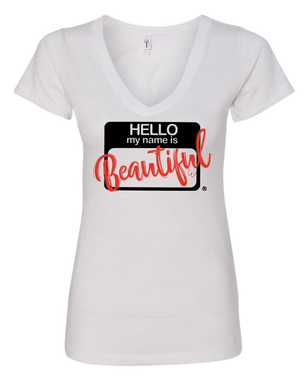 White V-neck T-shirt with a black and red graphic saying 'HELLO my name is Beautiful'.