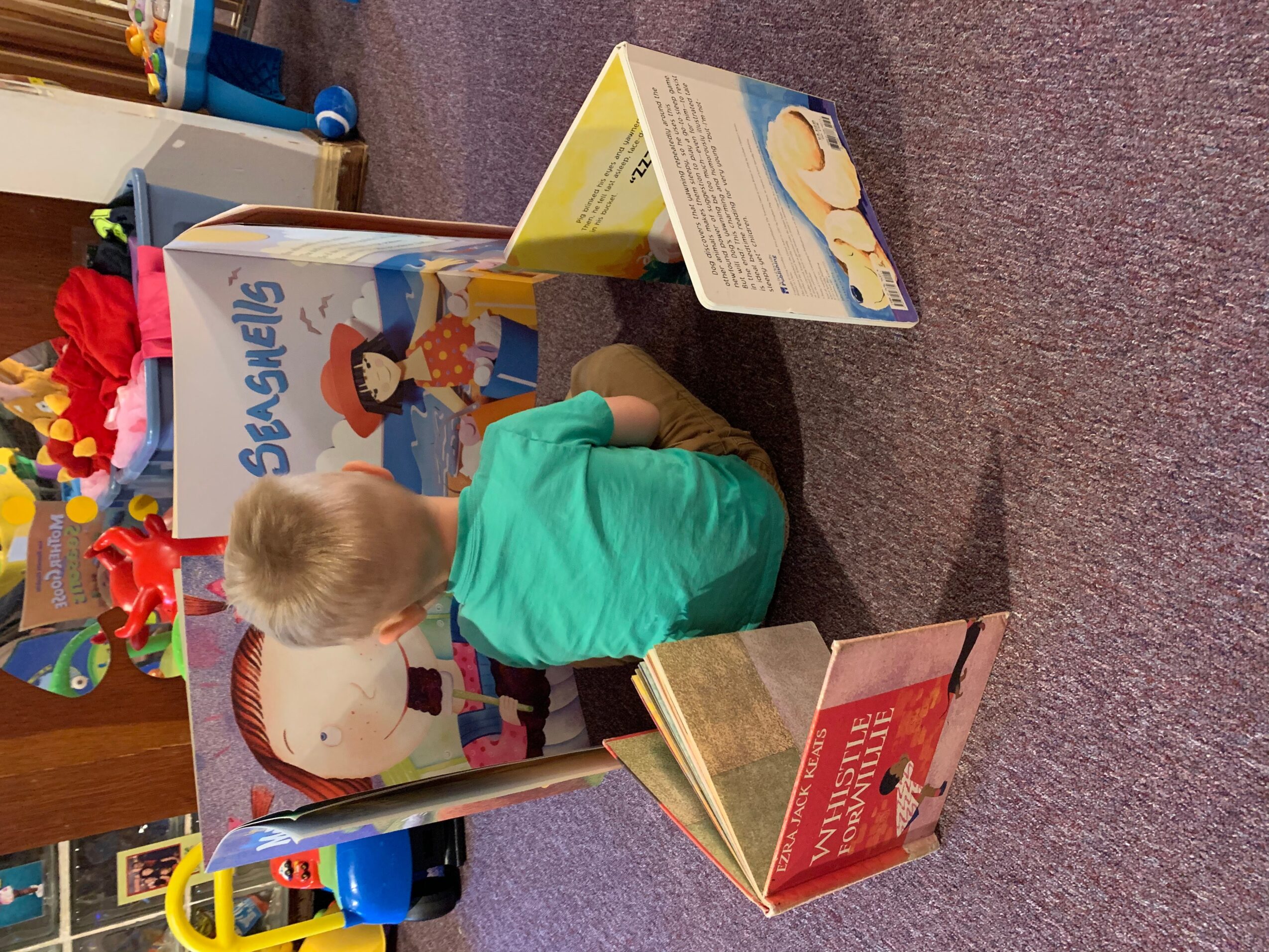 Child in green shirt sitting on carpeted floor, reading a children's book with colorful illustrations, surrounded by other books.
