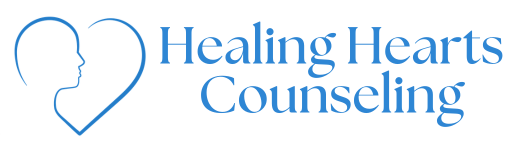 Logo with a heart outline and a person's profile, with text 'Healing Hearts Counseling'.
