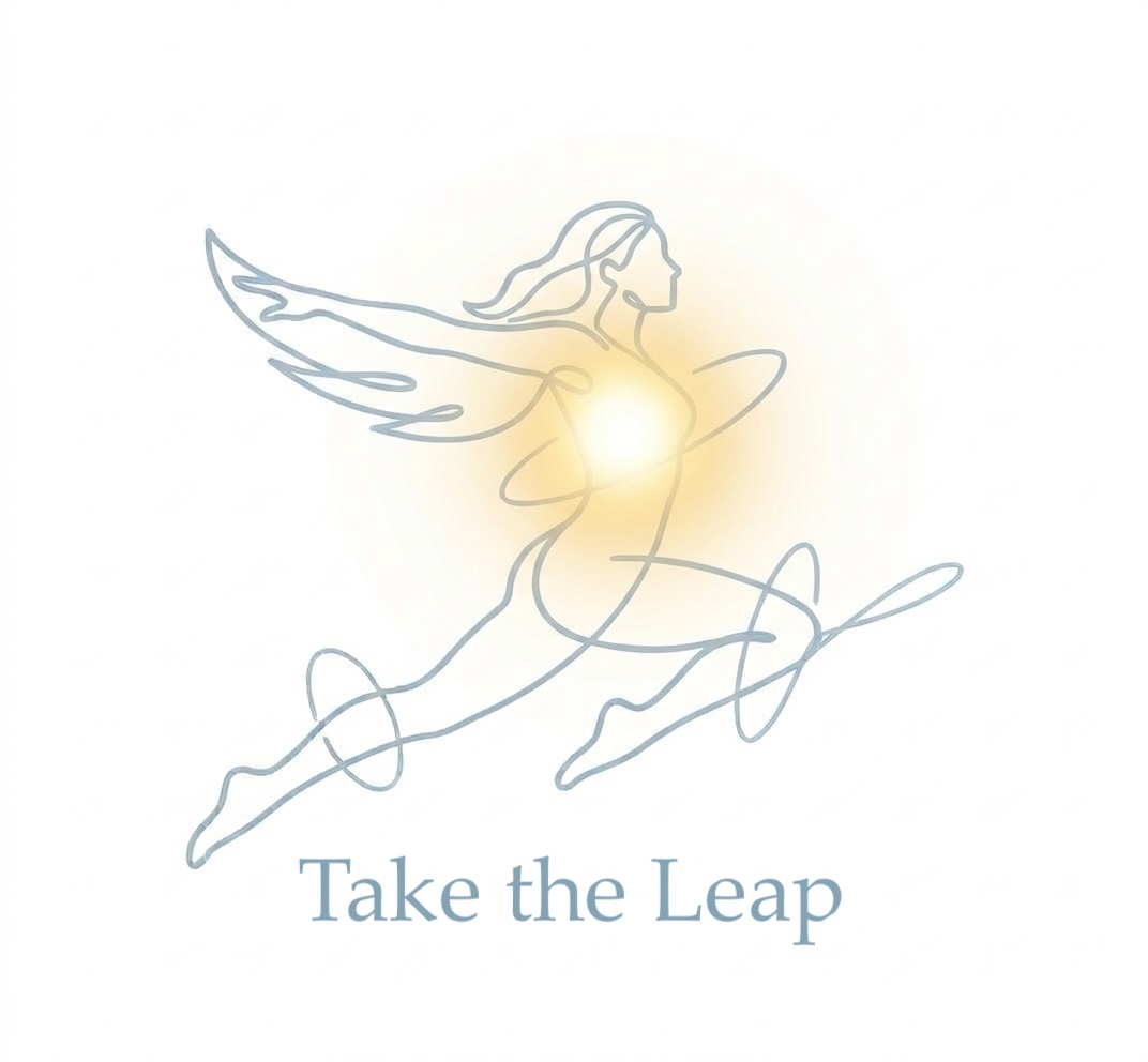 Line drawing of a person with wings jumping forward, glowing circle on chest, with text 'Take the Leap'.