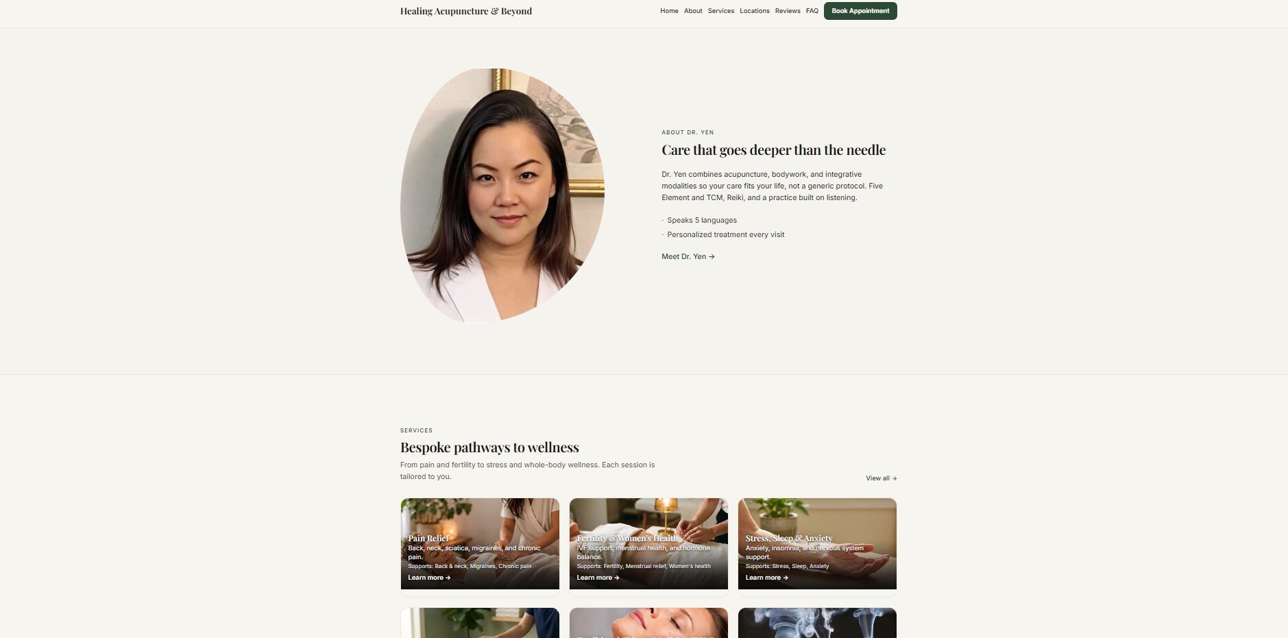 Webpage with a portrait of a woman, text, and images of food and cooking activities.