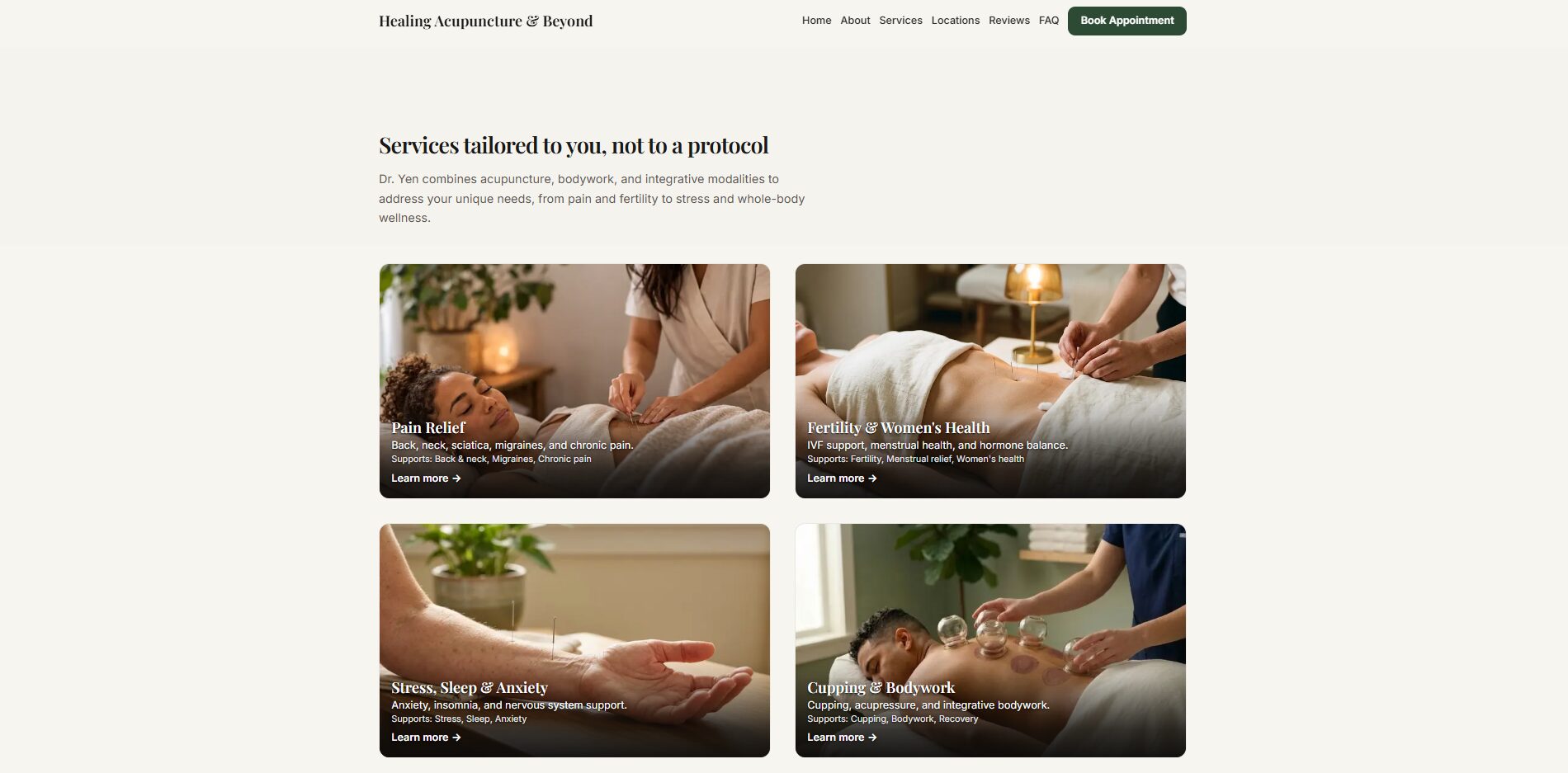 Four images of massage therapy sessions with people receiving massages, including close-ups of hands and relaxing environments.