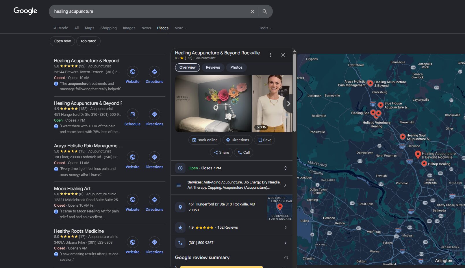 Screenshot of a Google search results page with a map on the right and a video thumbnail in the center.