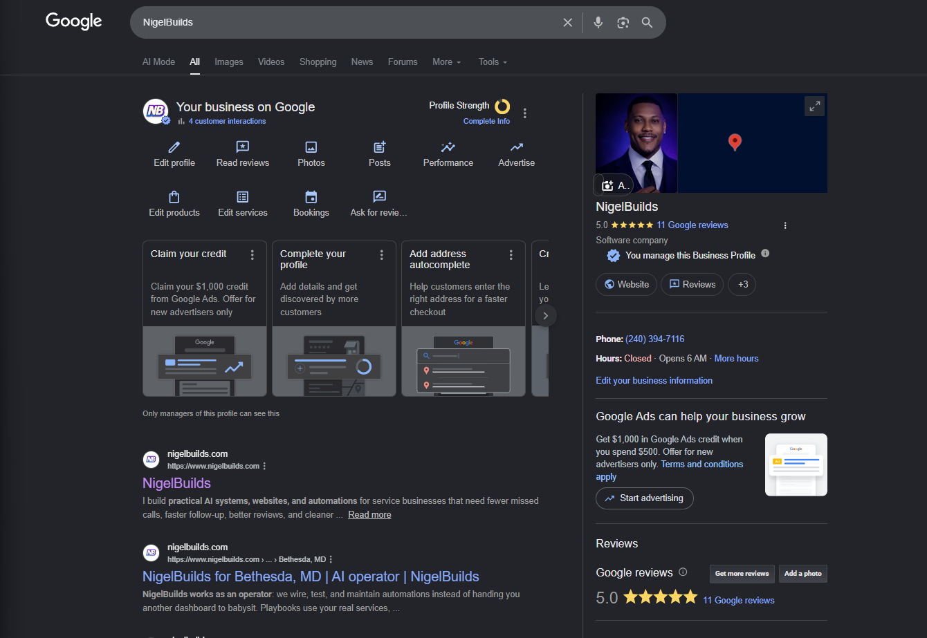 Screenshot of Google Business profile page with business details, reviews, and map location, dark theme, with a profile picture of a person.