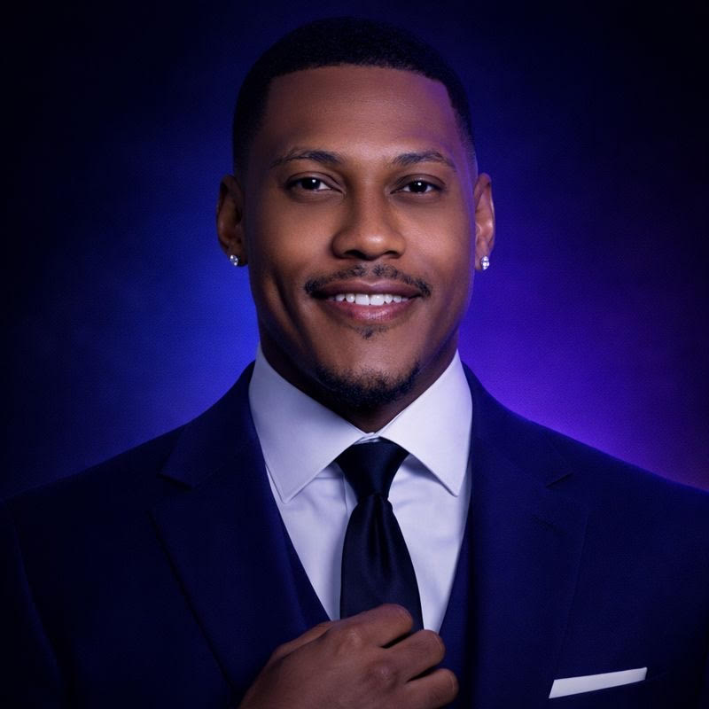 Portrait of a smiling man in a suit and tie against a dark blue background.