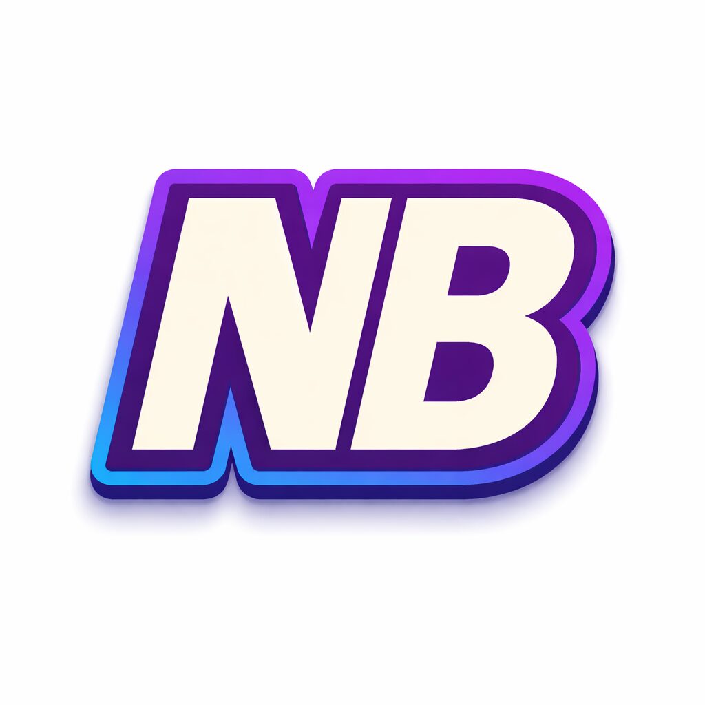 Bold letters 'NB' with purple, blue, and white outline on a white background.