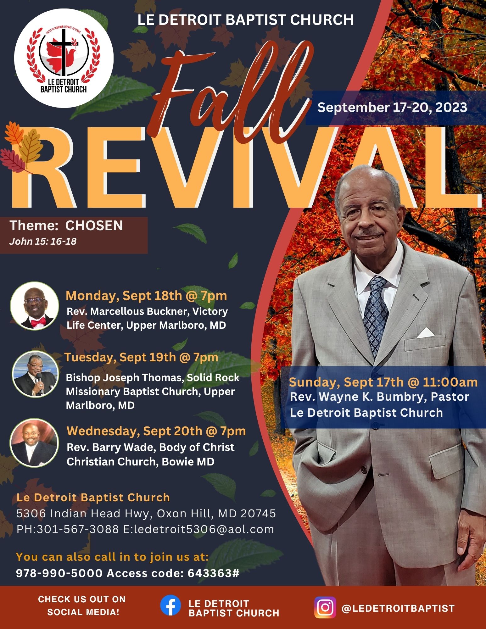 Event poster for fall revival at Detroit Baptist Church, September 17-20, 2023, with speaker Reverend Marcellus Buckner, and details of schedule and location.