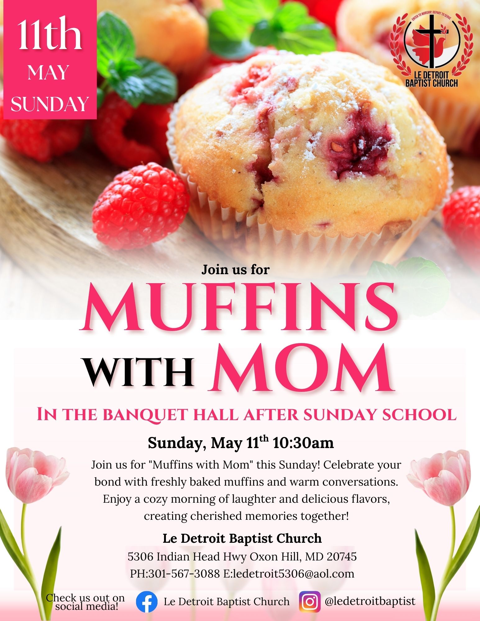 Muffin with berry filling surrounded by raspberries and blueberries, promotional flyer for Mother's Day event at church, date and time included.