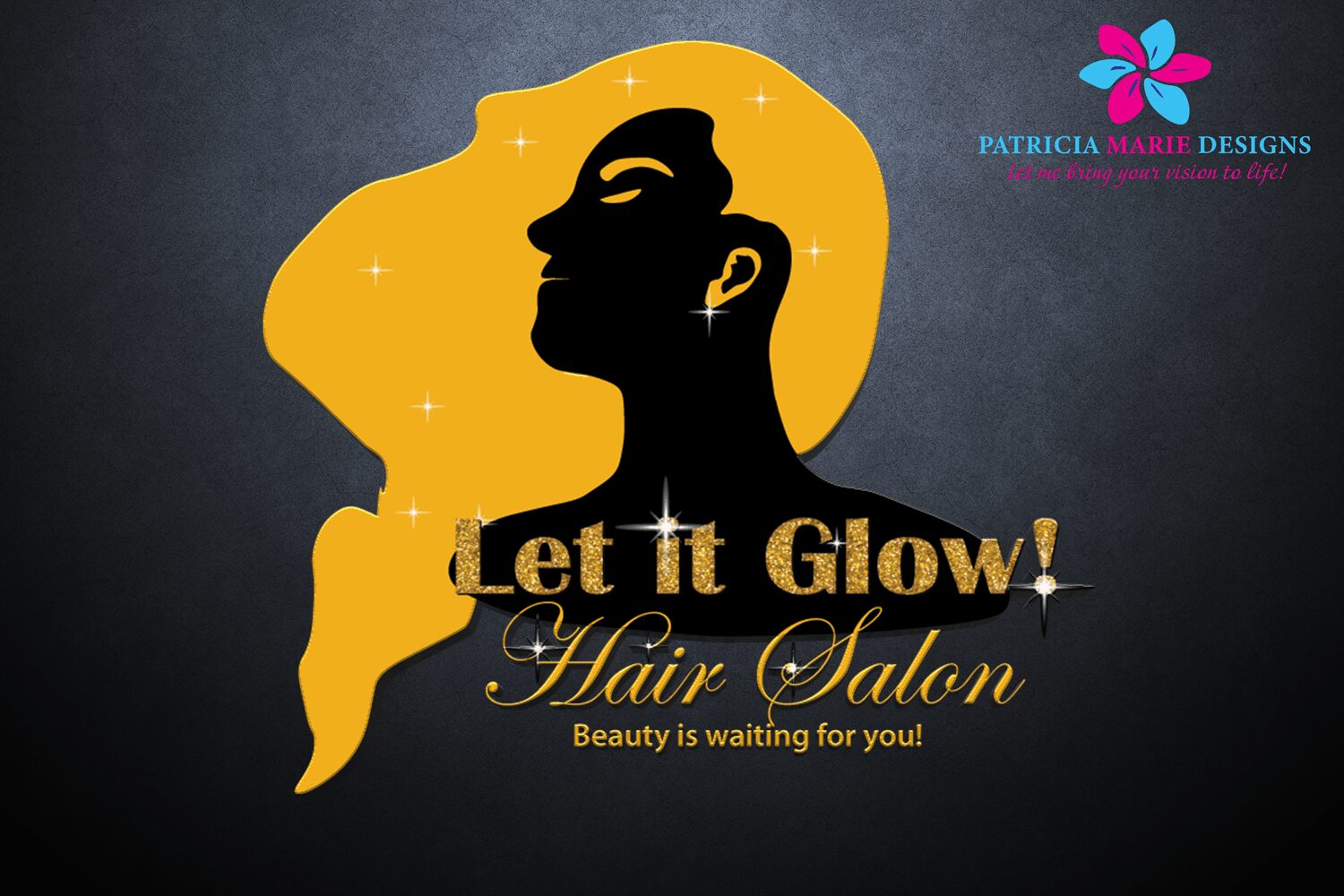 Silhouette of a woman with flowing hair, glowing background, and text promoting a hair salon, with a logo in the top right corner.