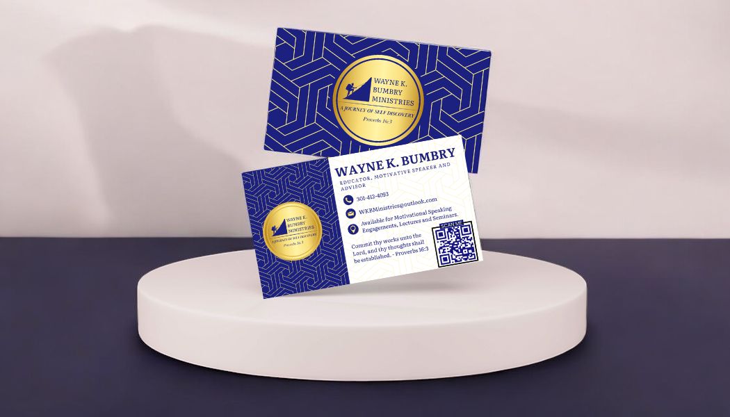Business card with blue and yellow design, displaying name, contact info, and a QR code, placed on a white circular platform.