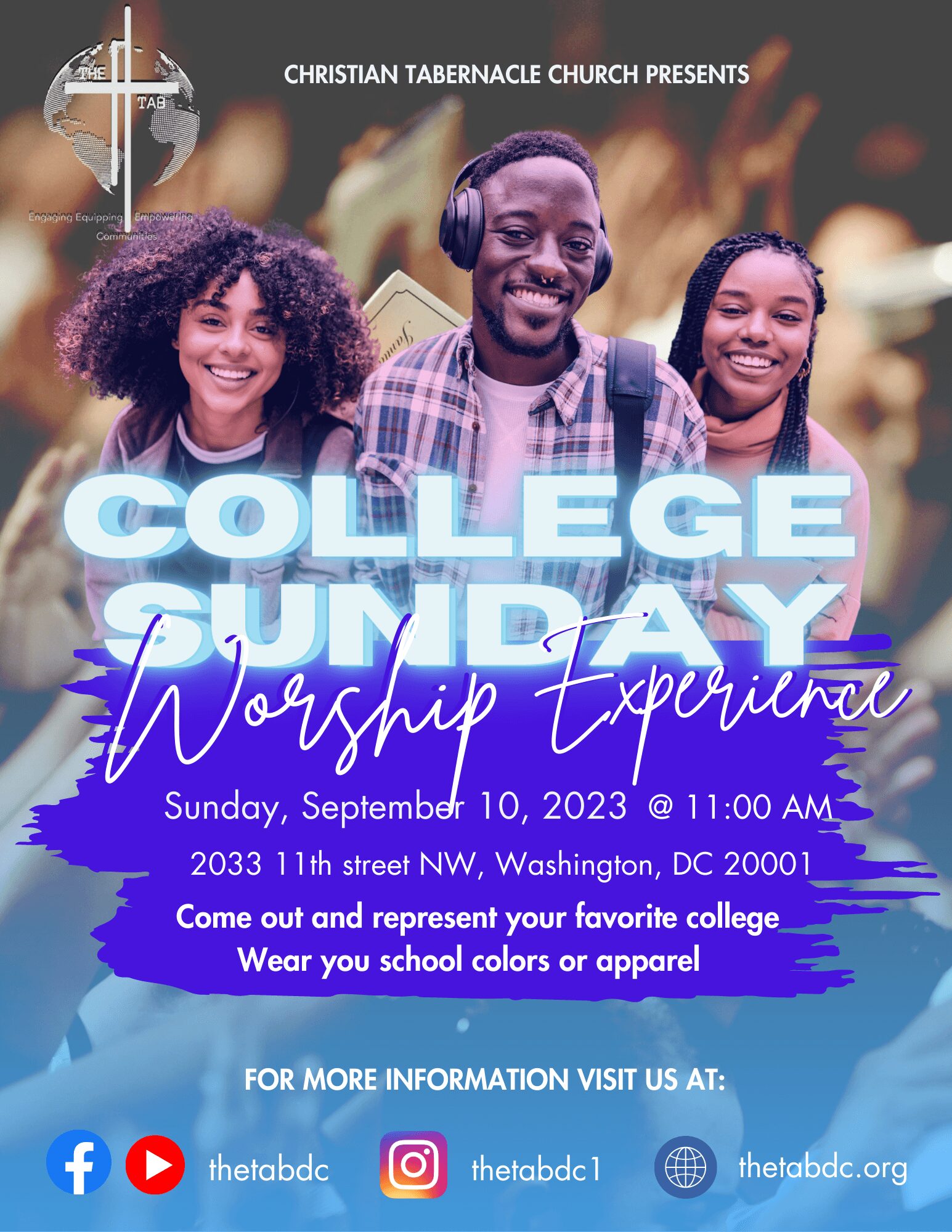 Three smiling young people outdoors, one with headphones, promoting college Sunday worship event on September 10, 2023, at 11:00 AM.