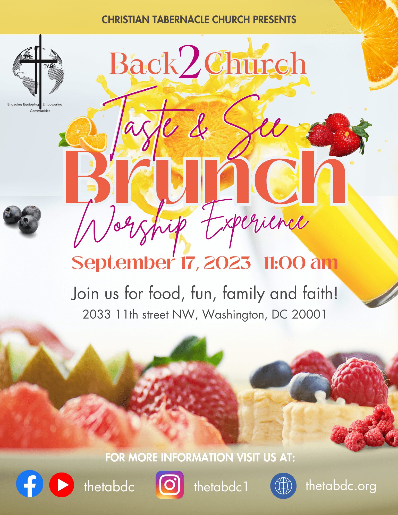 Event flyer for church brunch and worship experience on September 17, 2023, at 11:00 am, with fruit images and church logo.