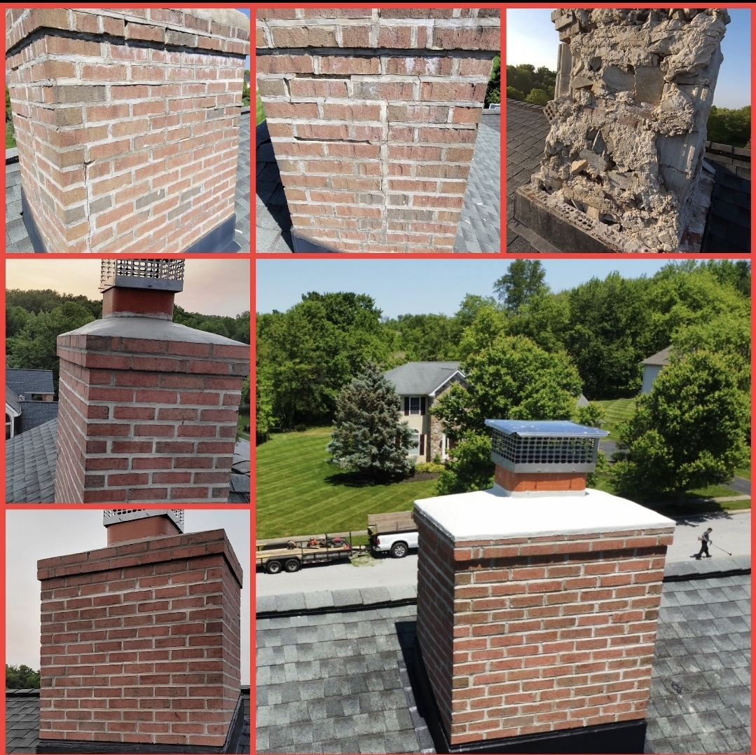 Close-up of brick chimney with damaged mortar, brick chimney with intact mortar, damaged concrete chimney, brick chimney with cap, brick chimney with cap, and a brick chimney on a roof with a house and trees in background.