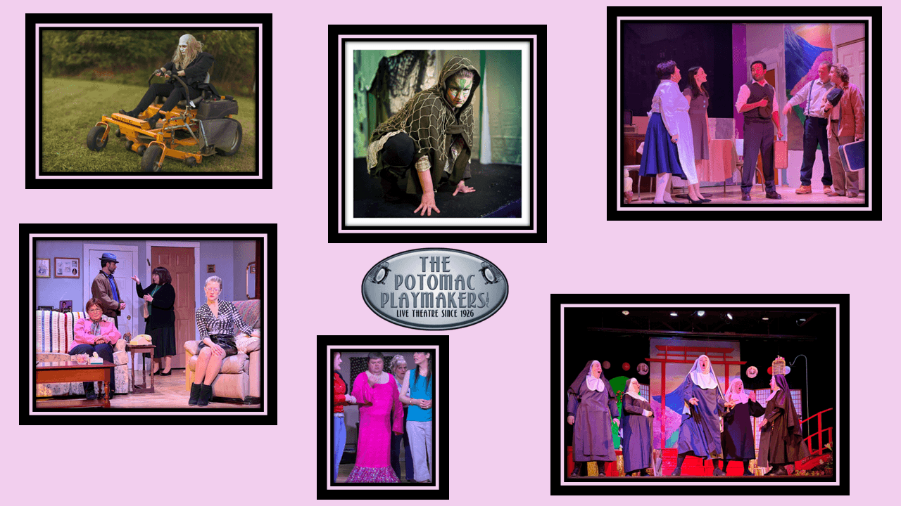 Six images of people performing on stage and in costumes, with a central logo reading 'The Potomac Playmakers'.
