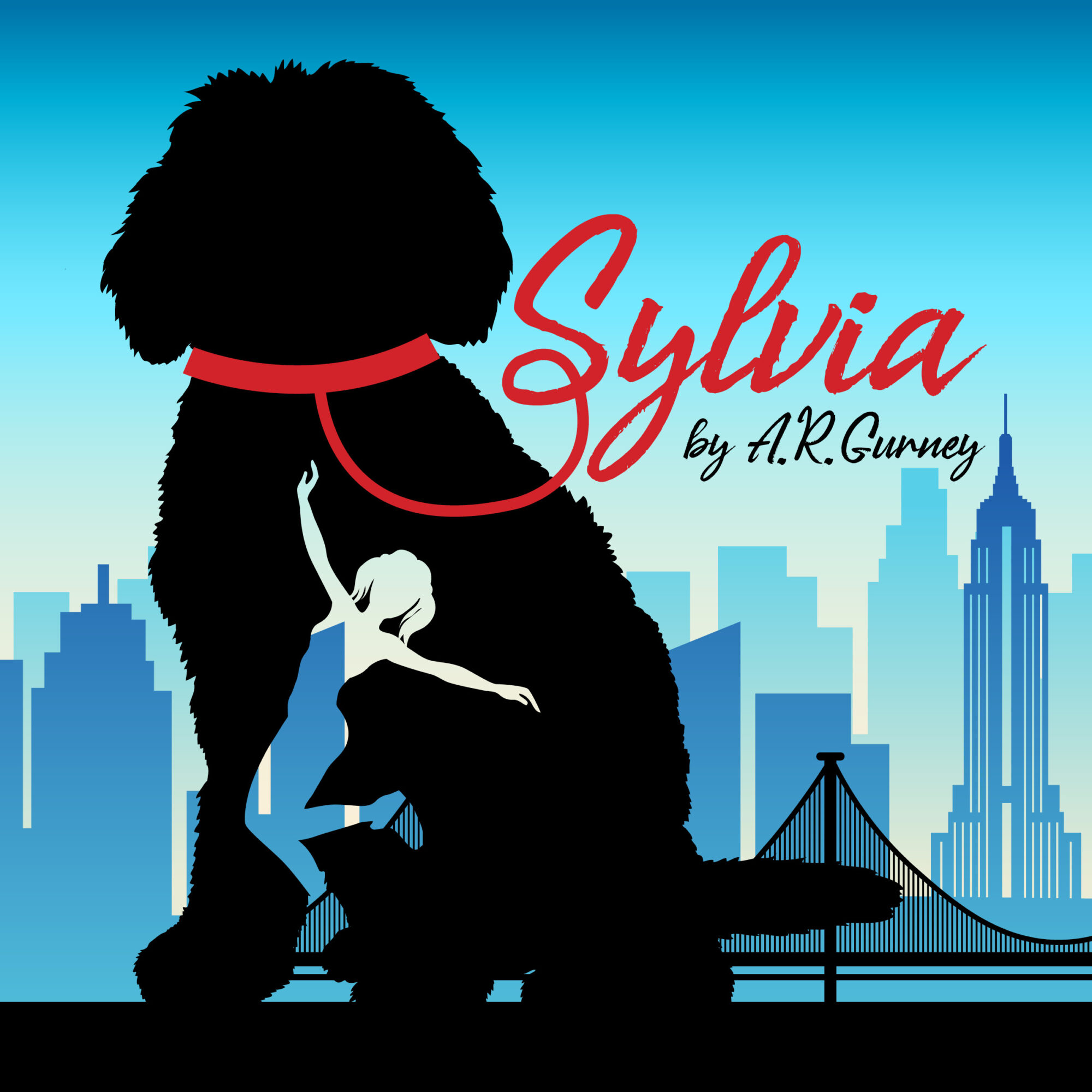 Silhouette of a large dog with a small person climbing on its leg, city skyline background, text 'Sylvia by A.R. Gunney'.