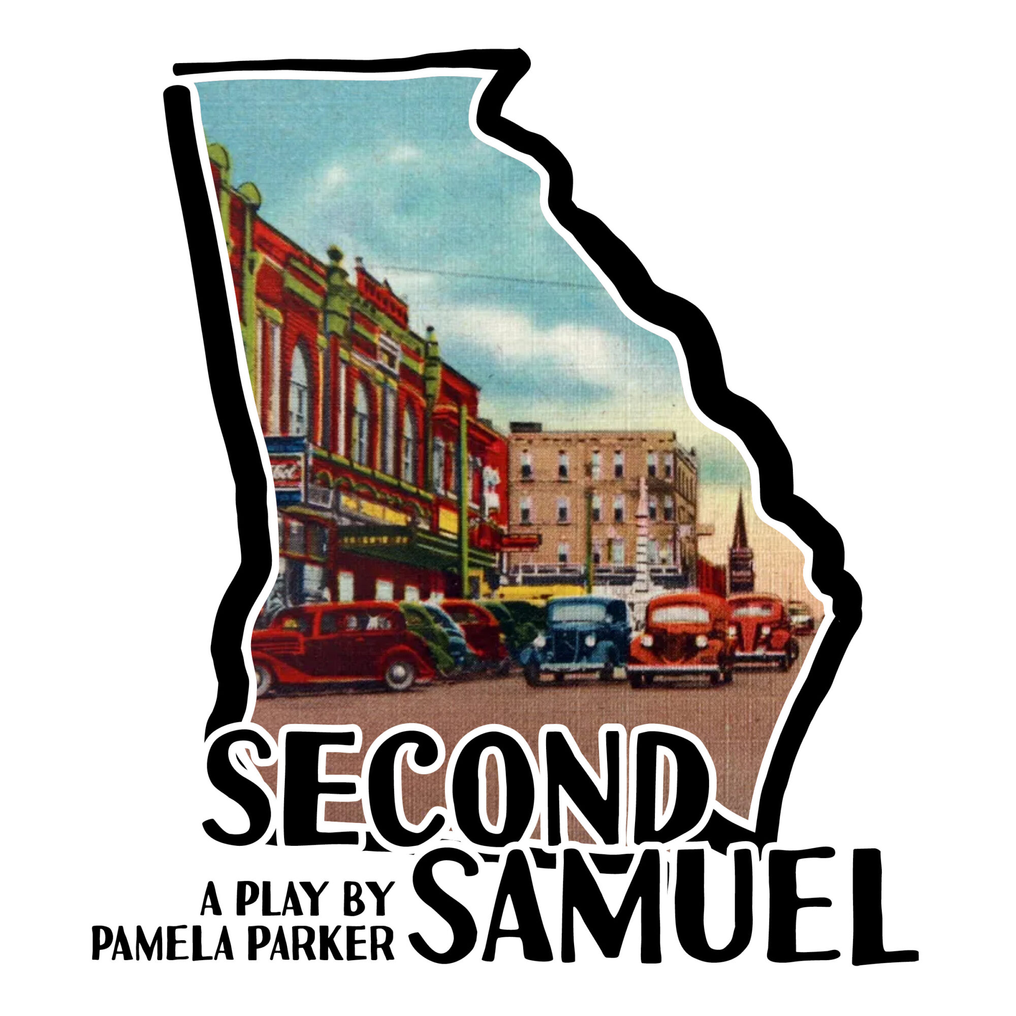 Map outline with a colorful building, vintage cars, and text about a play titled 'Second Samuel'.