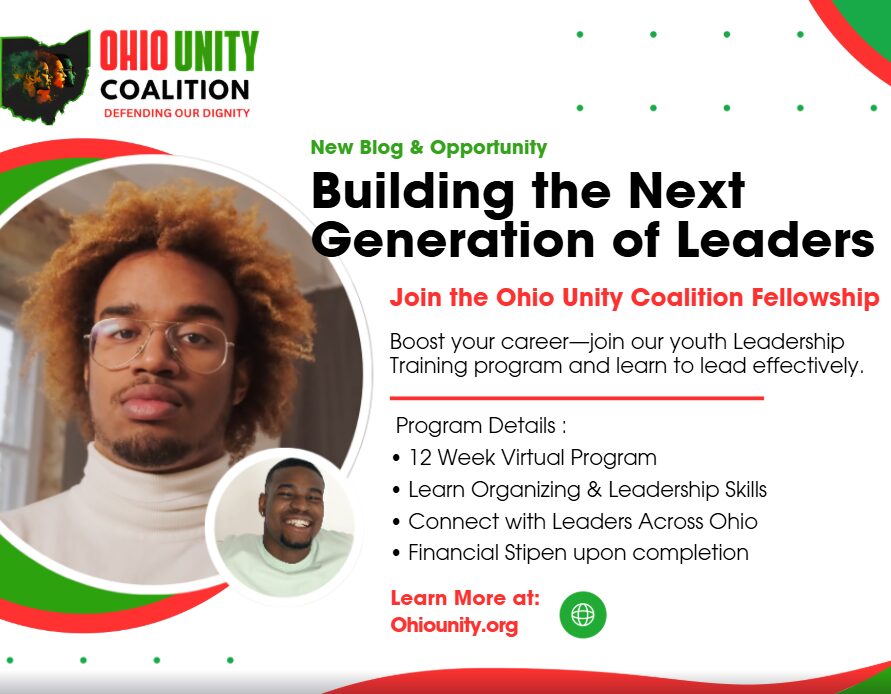 Poster promoting Ohio Unity Coalition leadership program with a large photo of a person with curly hair and glasses, and a smaller photo of a smiling person. Text details a virtual program for youth leadership training.