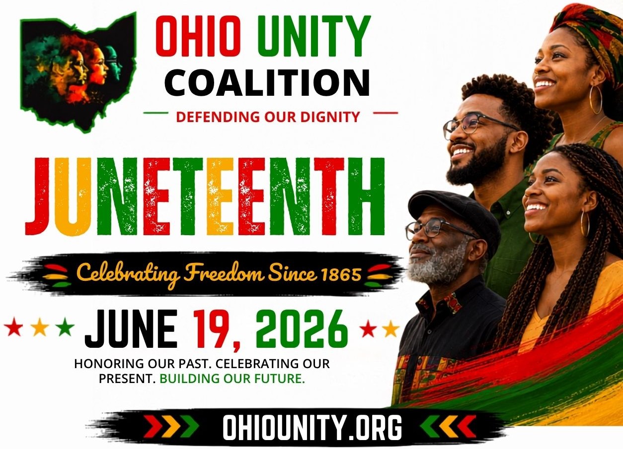 Group of diverse people smiling, with text about Ohio Unity Coalition Juneteenth event on June 19, 2026.