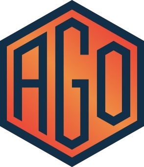 Hexagonal logo with the letters A, G, and O in bold, stylized font, gradient orange to red background, dark border.