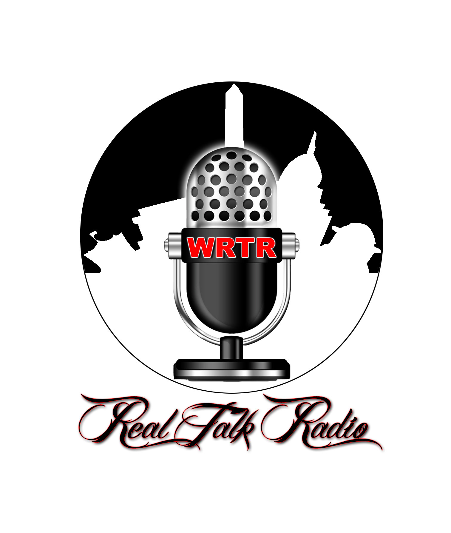 Microphone with WRTR logo and silhouettes of people, with text 'Real Talk Radio' below, on a white background.
