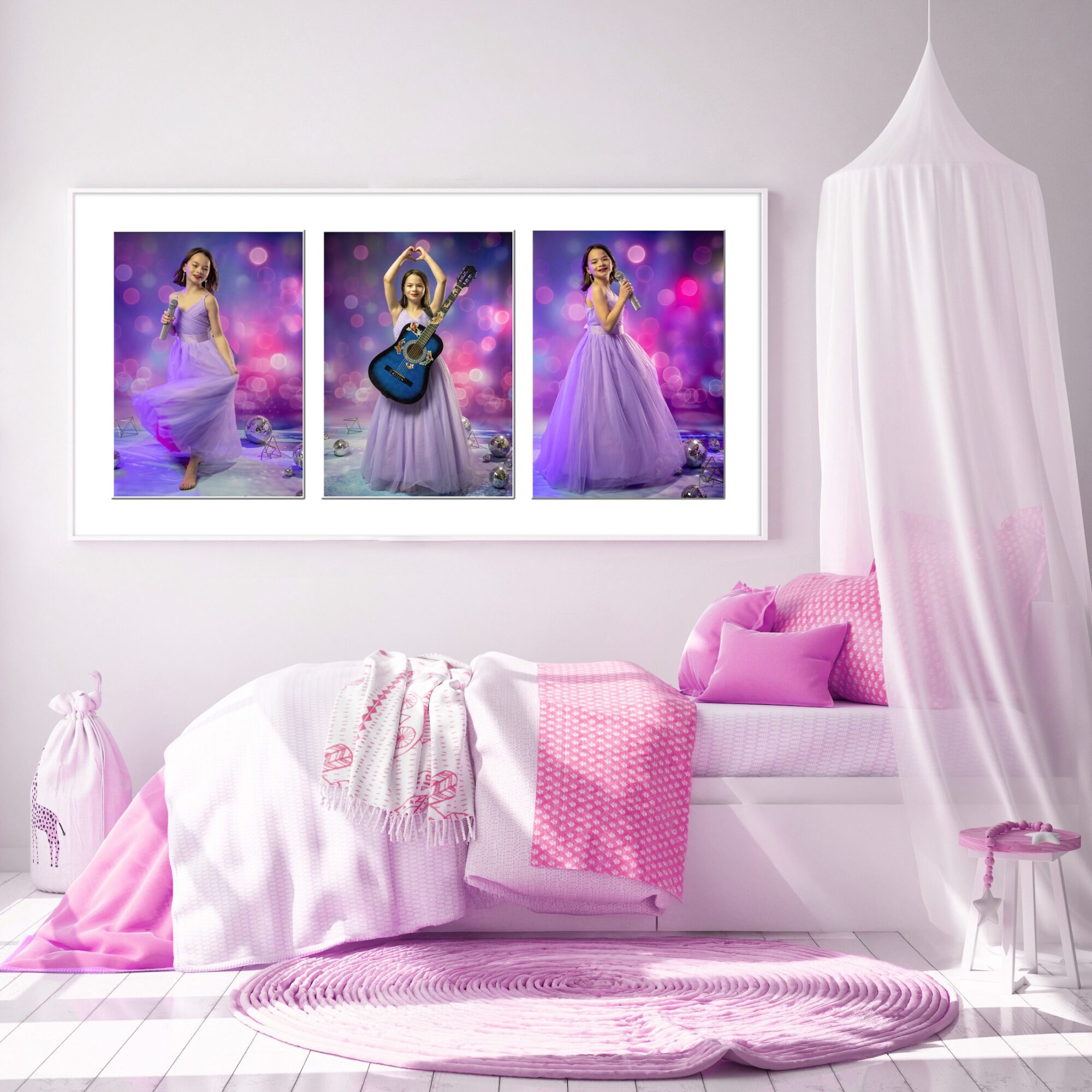 Living room with pink and white decor, three framed pictures of women in purple dresses, pink cushions, and a pink rug.