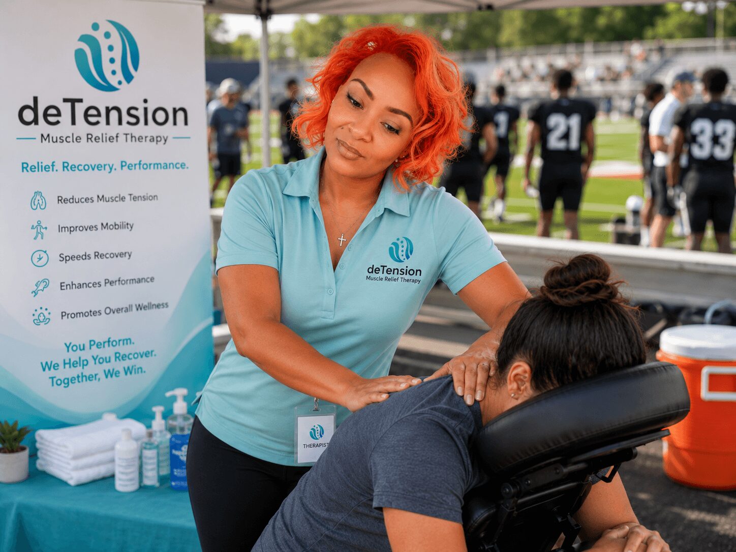 Woman with red hair providing therapy to a person lying face down in a chair outdoors, with a deTension banner in the background.