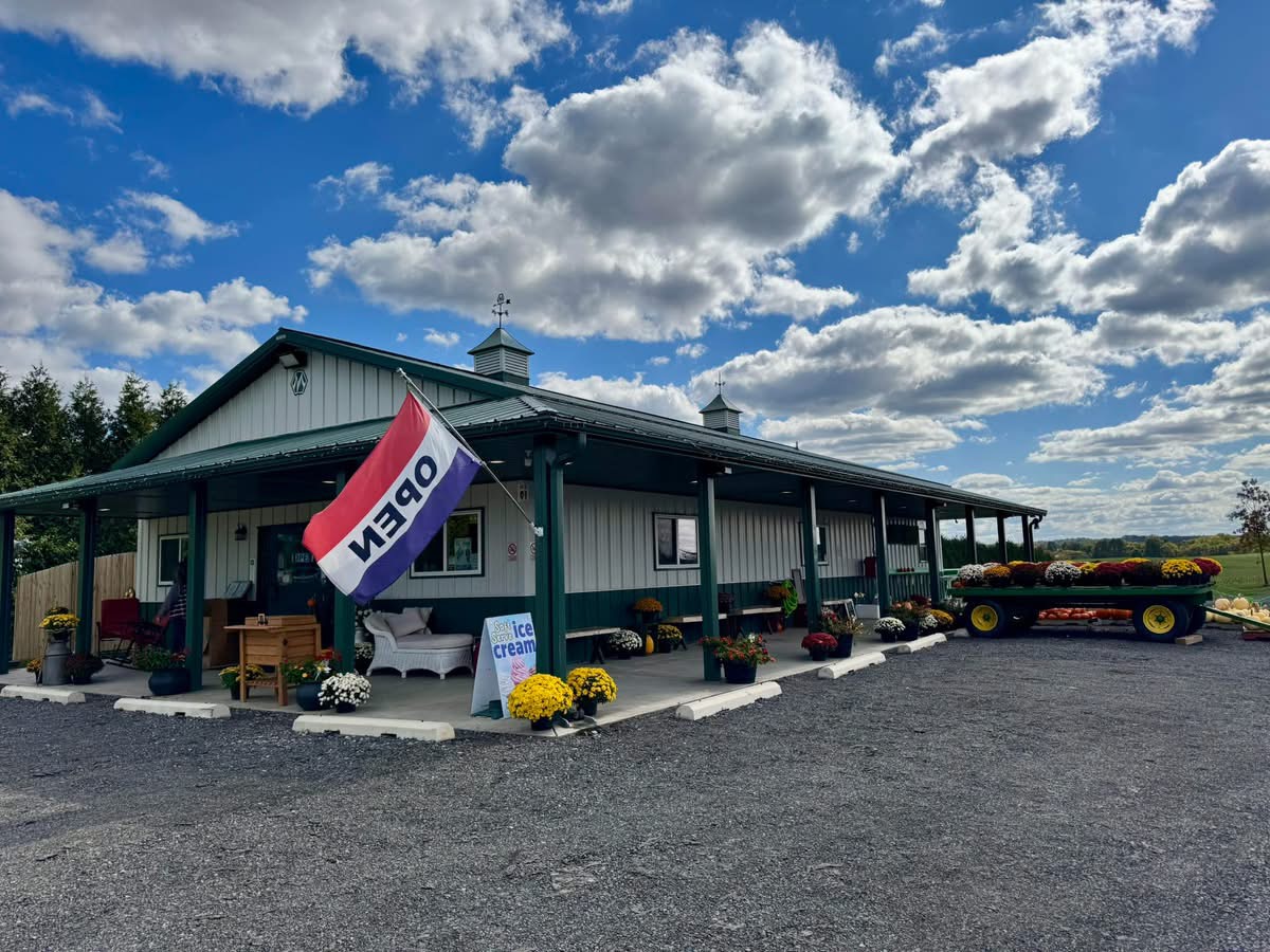 Building with a porch, a flag, and parked cars under a partly cloudy sky.