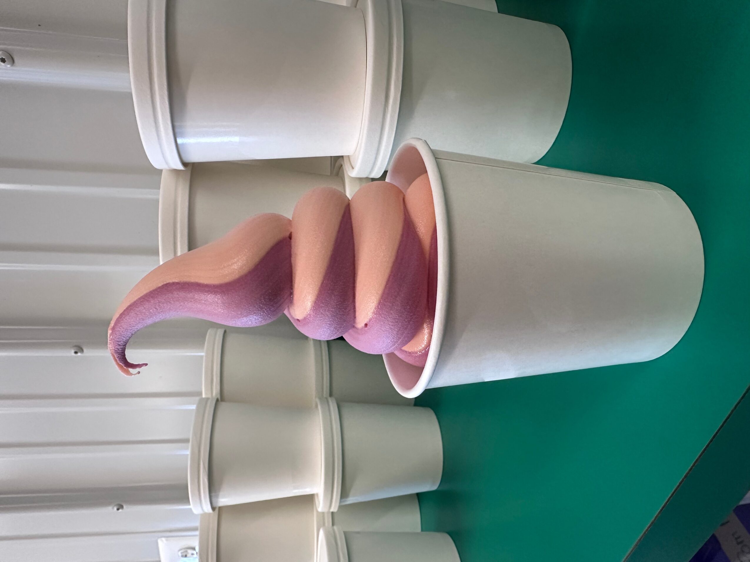 A pink and purple soft sculpture resembling a snake or worm emerging from a white cylindrical container, on a green surface.