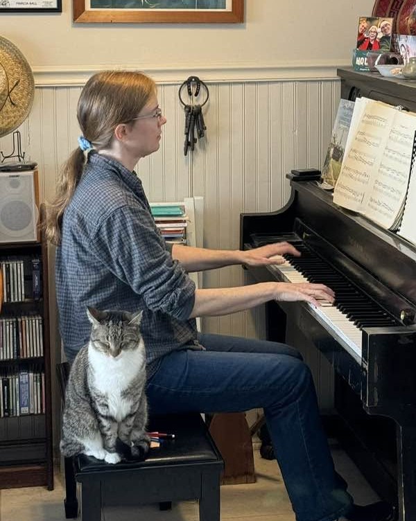 Person playing piano with a cat sitting on a stool, in a room with books and wall decorations.