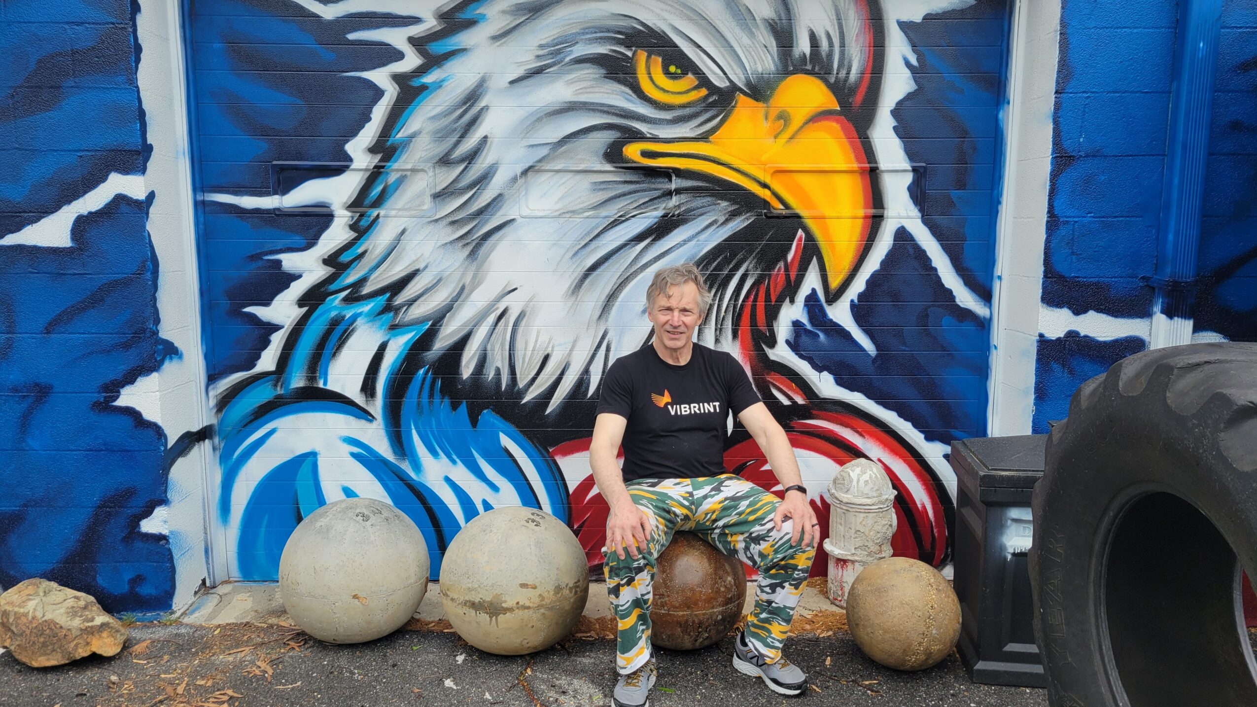 Person sitting in front of a mural of an eagle with a blue background, surrounded by large spherical objects and a speaker.