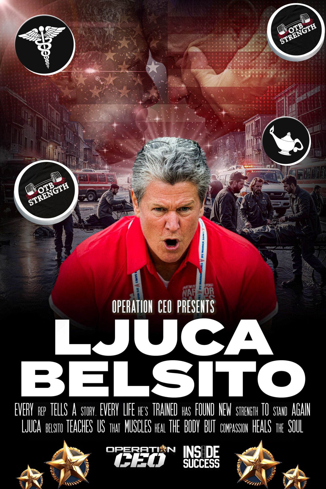 Man with gray hair in red jacket shouting, city street background with police cars and people, logos and text overlay.