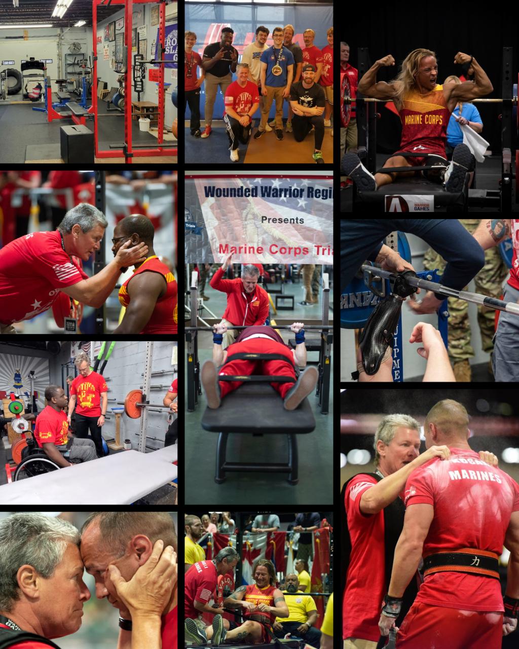 Group of people participating in fitness activities, weightlifting, and physical training in a gym and outdoor setting, with a sign reading 'Marine Corps'.