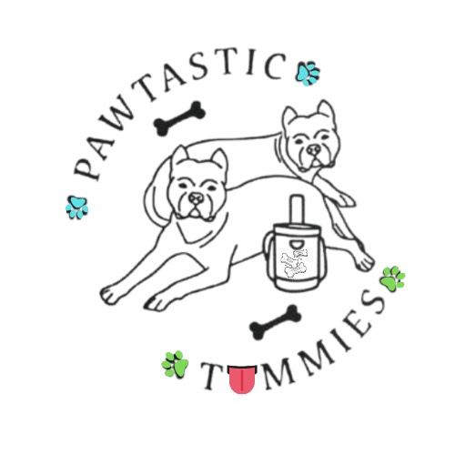 Two dogs with a bottle and bones, surrounded by paw prints and the text 'Pawtastic Tummies'.