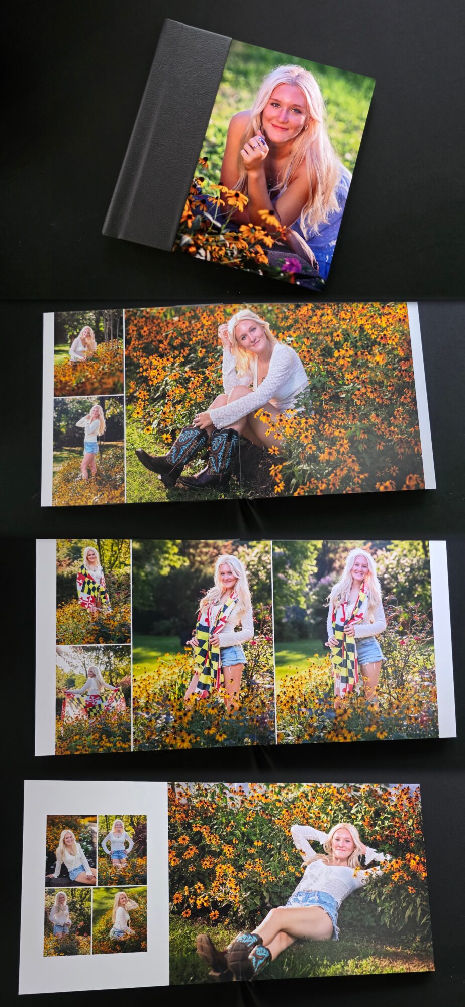 Open photo book showing a woman sitting outdoors among autumn leaves, smiling, with multiple images of her in fall scenery.