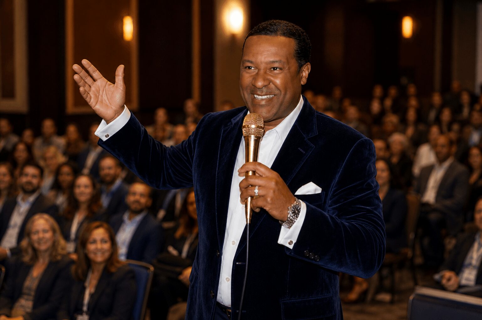 Man speaking into a microphone at a conference, audience seated behind him, smiling and listening.