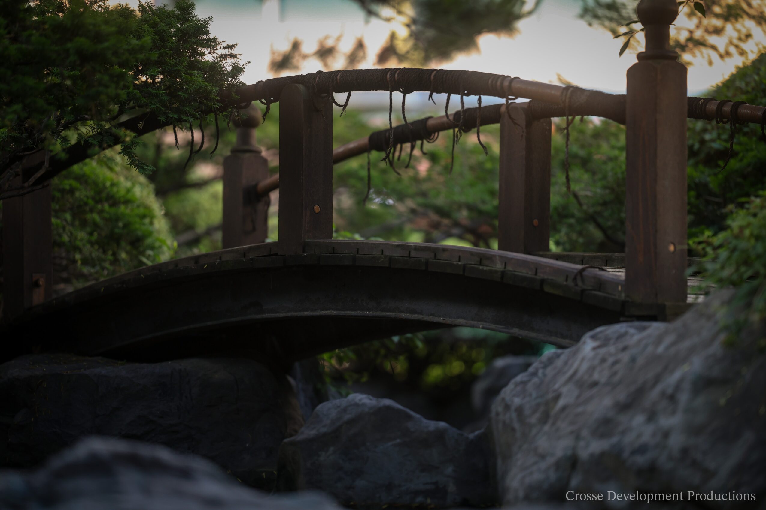 Small arched wooden bridge over rocks with greenery in the background, sunlight filtering through trees.