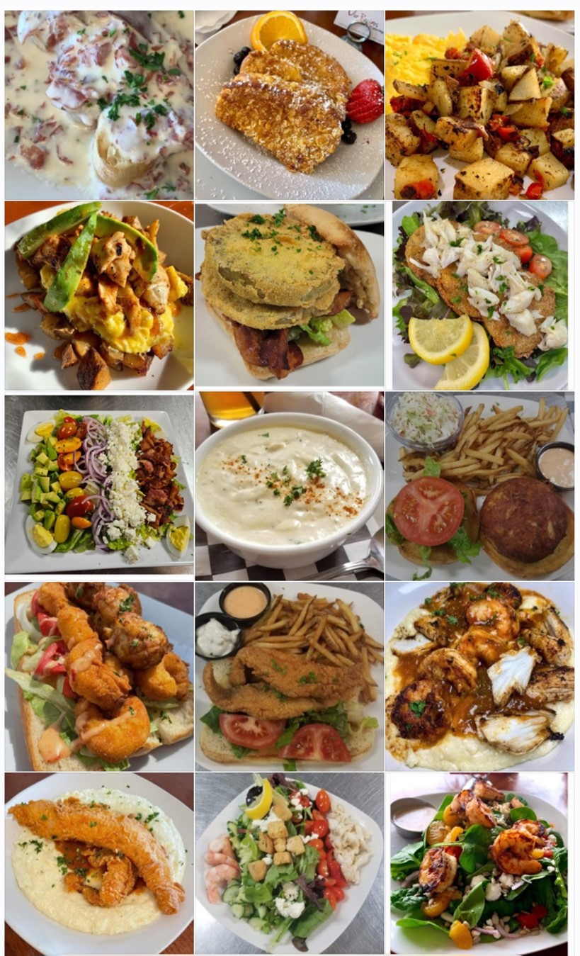 Collage of twelve food images including salads, fried dishes, desserts, and beverages, arranged in a grid.