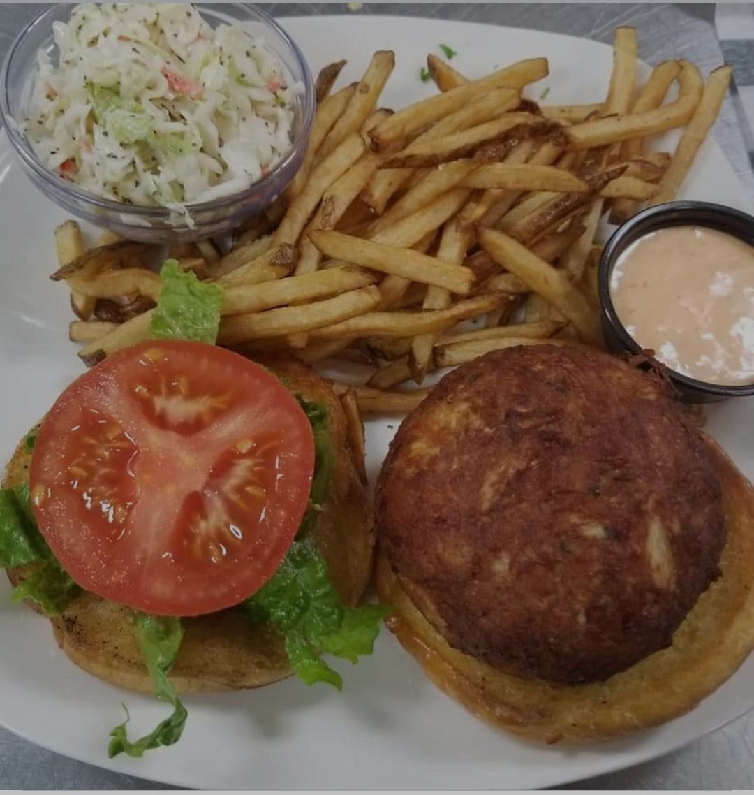 Plate with French fries, coleslaw, tomato, lettuce, and a breaded patty with sauce, on a white plate.