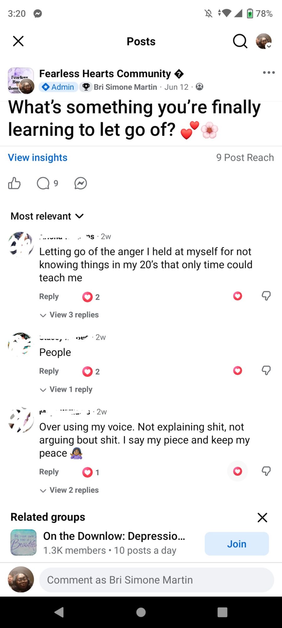 Facebook post with comments about learning to go with the flow and managing anger, including a heart emoji and a peace sign.