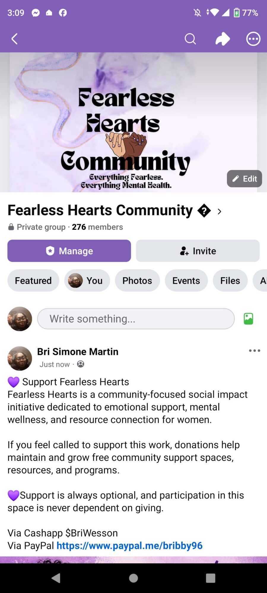 Purple banner with black text reading 'Fearless Hearts Community' and social media icons, with posts below.