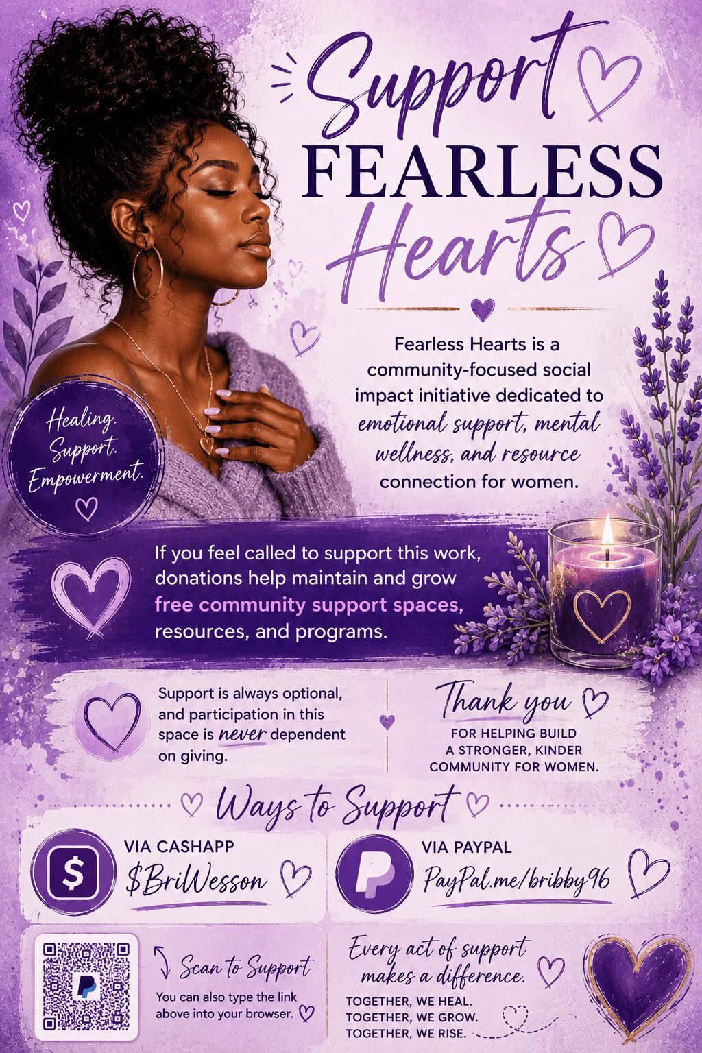 Side profile of a woman with curly hair, holding her chest, with purple hearts and text supporting fearless hearts.